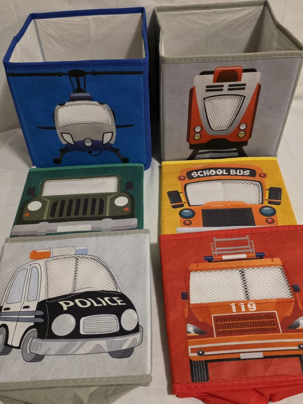 6 Boys Storage Cubbies Police Car Jeep Train Helicopter Bus Fire Truck 8